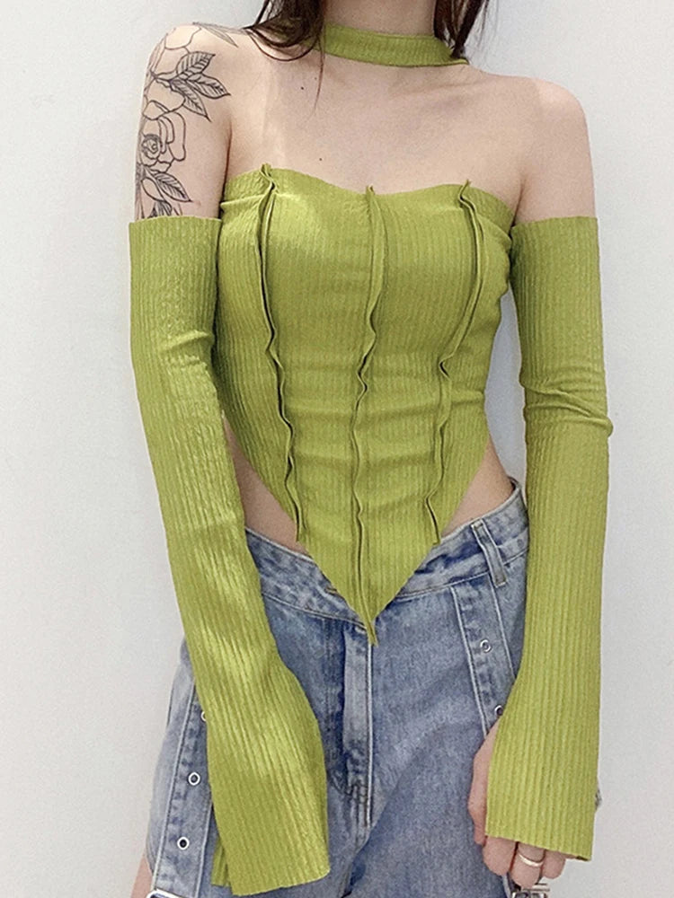 Y2K Top Women Long Sleeve T-Shirts 2 Piece Tops Halter Tanks Backless Crop Top Off Shoulder Tees Sexy Christmas Clothes voguable