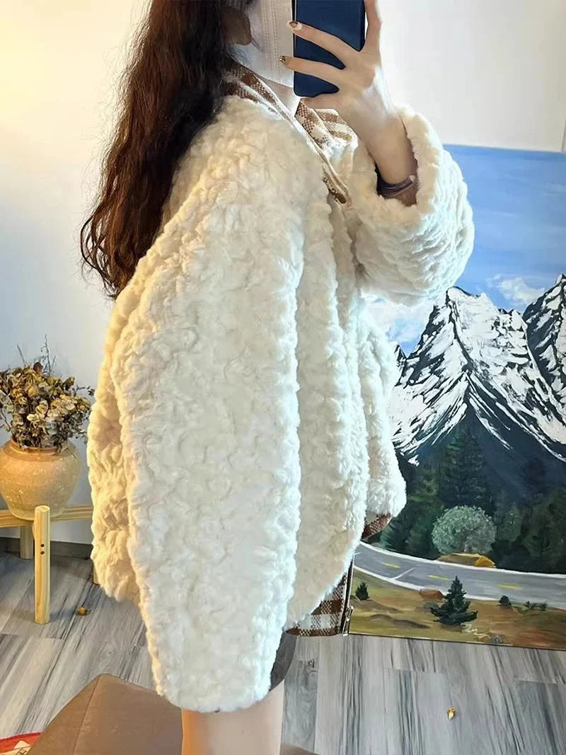 Sweet Cute Faux Lamb Coat Women Winter Thick Warm Plaid Patchwork Jacket Vintage Preppy Style Long Sleeve Kawaii Outwear Tops voguable