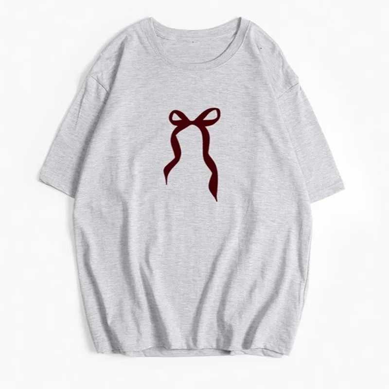 Bow Print Chic White Women T-shirt Cotton 2025 New Round Neck Short Sleeve All-match Tee White Casual Streetwear Female Top voguable