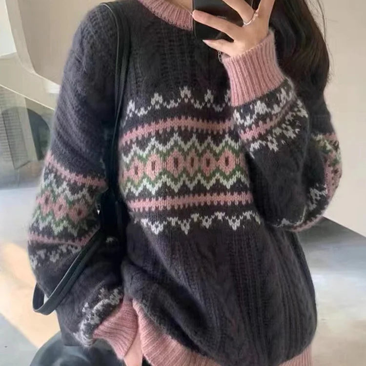 Pullovers Women Loose Vintage Jacquard Autumn Fashion O-neck Comfort Temper Sweater All-match Korean Style Casual Knitted Basic voguable