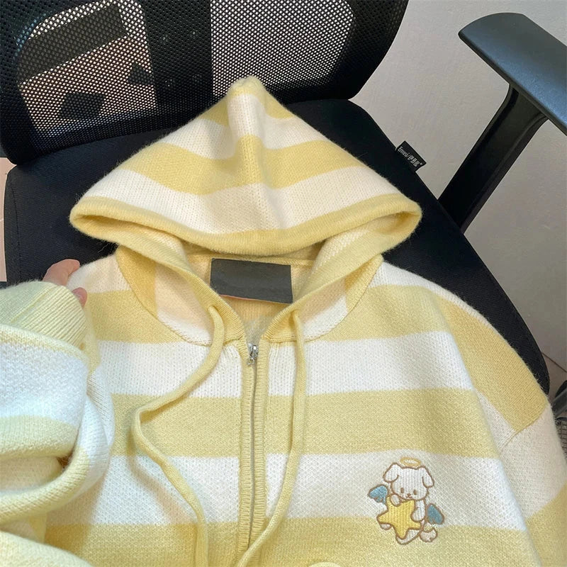 Cartoon Striped Hooded Cardigan Women Loose Cute Long Sleeve Sweet Knitted Sweater Preppy Style Female Kawaii Vintage Tops voguable