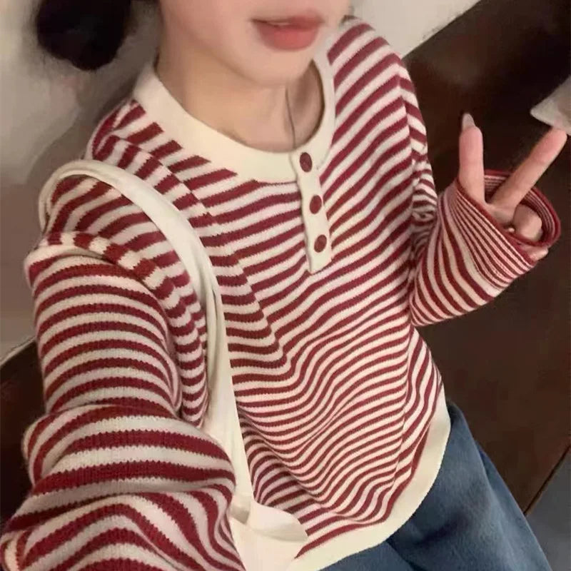 Voguable  Vintage Women Striped Knit Sweater Button Crew Neck Long Sleeve Casual Pullover Woman Spring Autumn Loose Fit Casual Sweater Top voguable