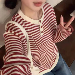 Voguable  Vintage Women Striped Knit Sweater Button Crew Neck Long Sleeve Casual Pullover Woman Spring Autumn Loose Fit Casual Sweater Top voguable