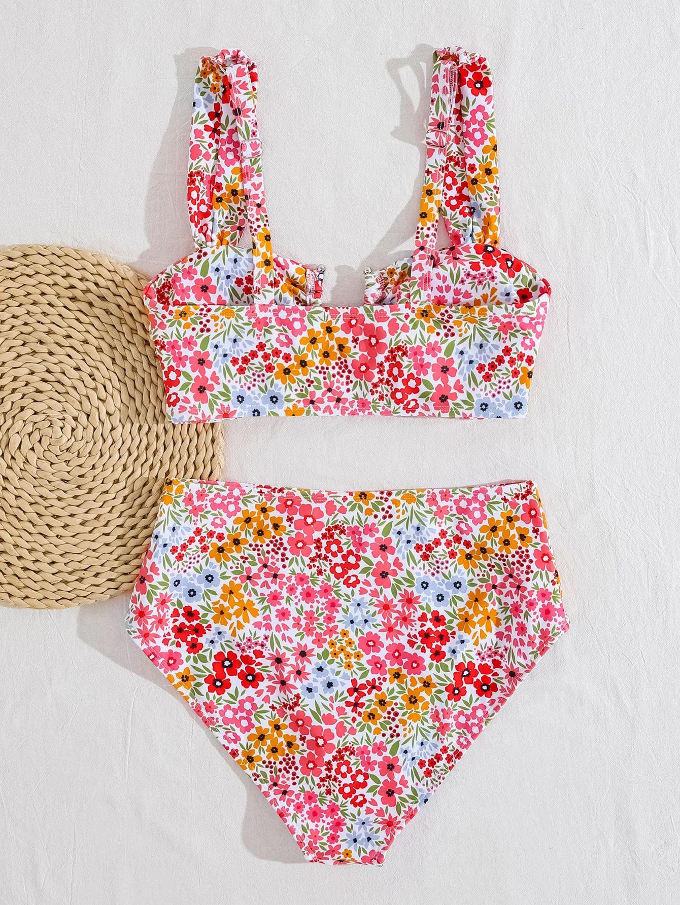 Voguable  Summer Pink Floral Print Bikinis Sets Women Metal U Neck Push Up High Waist Swimsuit Beach Bathing Suit Vacation Swimwear voguable
