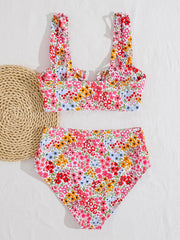 Voguable  Summer Pink Floral Print Bikinis Sets Women Metal U Neck Push Up High Waist Swimsuit Beach Bathing Suit Vacation Swimwear voguable