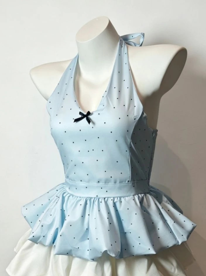 Voguable  Polka Dot Print Bow Halter Sets Vests Solid Cake Ball Gown Summer Mujer Faldas Slim French Style Small Fellow New Skirts voguable