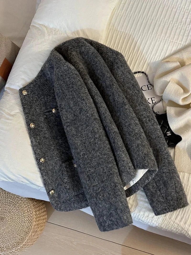 Winter Faux Woolen Gray Coat Women Vintage Thick Warm Long Sleeve Slim Jacket Casual O Neck Female Korean Elegant Retro Top voguable
