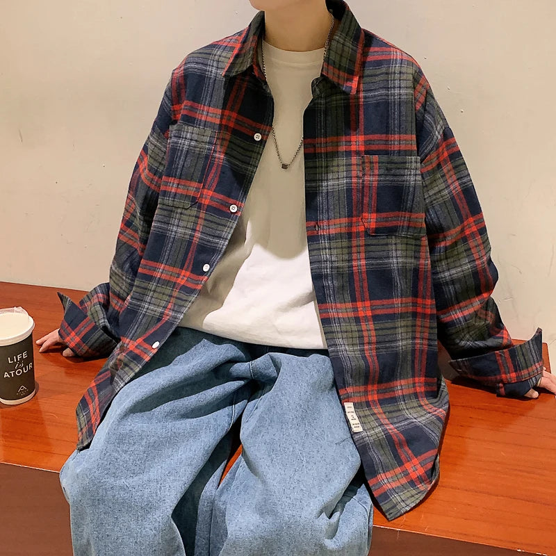 Voguable Harajuku Long Sleeve Plaid Shirts Men Big Size M-5XL Autumn Chic Loose Vintage High Street All-match Gentleman Camisa voguable