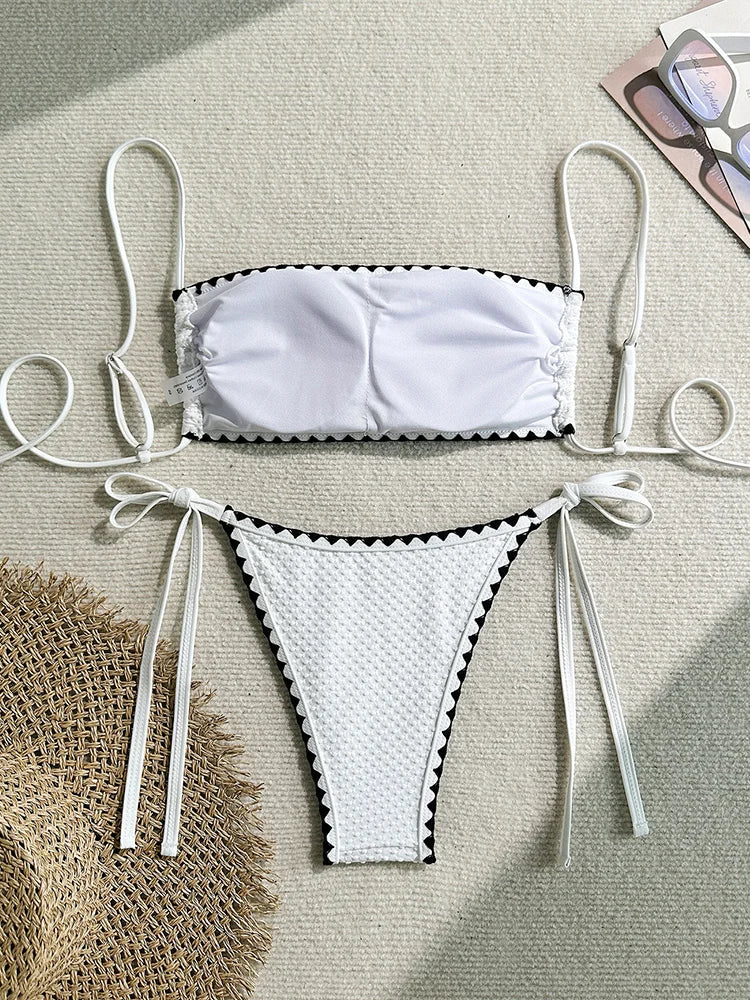 Voguable  New All Season Backless Bikini 2 Piece Set Sexy Shell Solid Laced Up Bikini Women Split Swimsuit Beach Vacation Bikini voguable