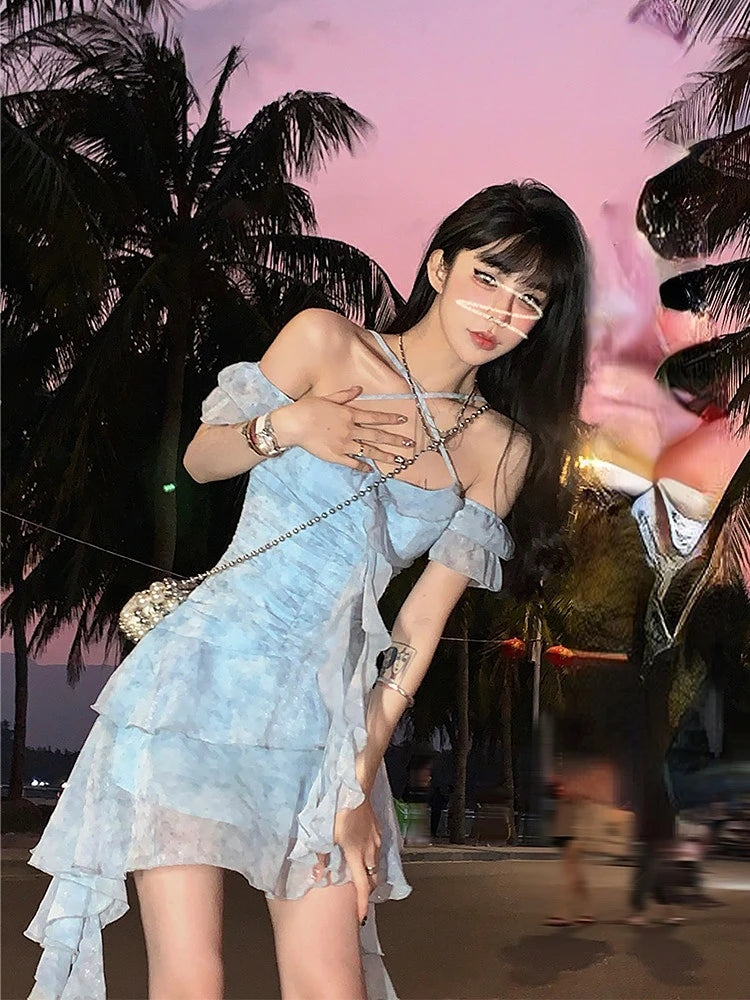 Voguable Summer Beach Style Flroal Y2k Mini Dress Woman Chiffon Elegant Y2k Mini Dress Korean Fashion Short Party Dress Office Lady voguable