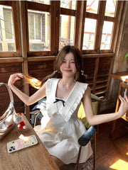 Voguable  Preppy Style Design White One-Piece Frocks Sleeveless Off Shoulder Party 90s Women Sweet A-Line Dress Casual Bow Vestidos New voguable