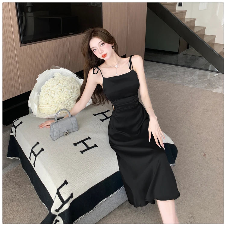 Voguable New Solid Color Sling Dress Women's Summer Korean Elegant Lady Pleated Dress Fashion Beach Sexy Backless A-line Dresses voguable