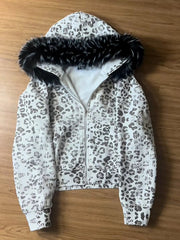 Voguable  Autumn and Winter Leopard Print Fur Collar Zipper Hoodie Y2K Retro Jacket Street Long Sleeved Hooded Sweatshirt voguable