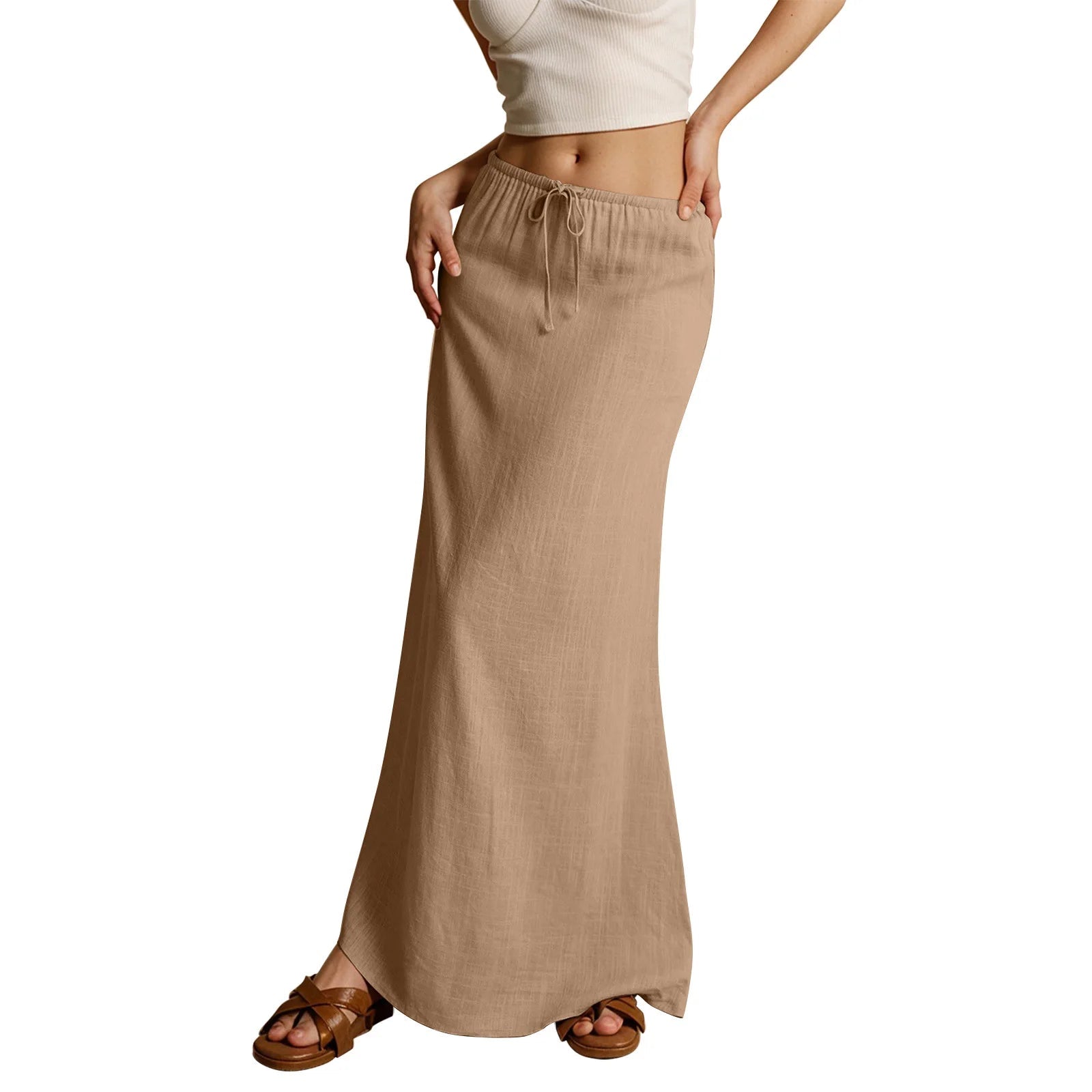 Voguable  Solid Color Straight Drawstring Elastic Waist Casual Ladies Skirt Summer Simple New Versatile Loose Long Skirt for Women voguable