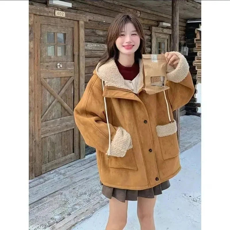 Y2K Streetwear Faux Lamb Suede Jacket Women Vintage Winter Long Sleeve Hooded Coat American Retro Loose Lady Pockets Warm Tops voguable