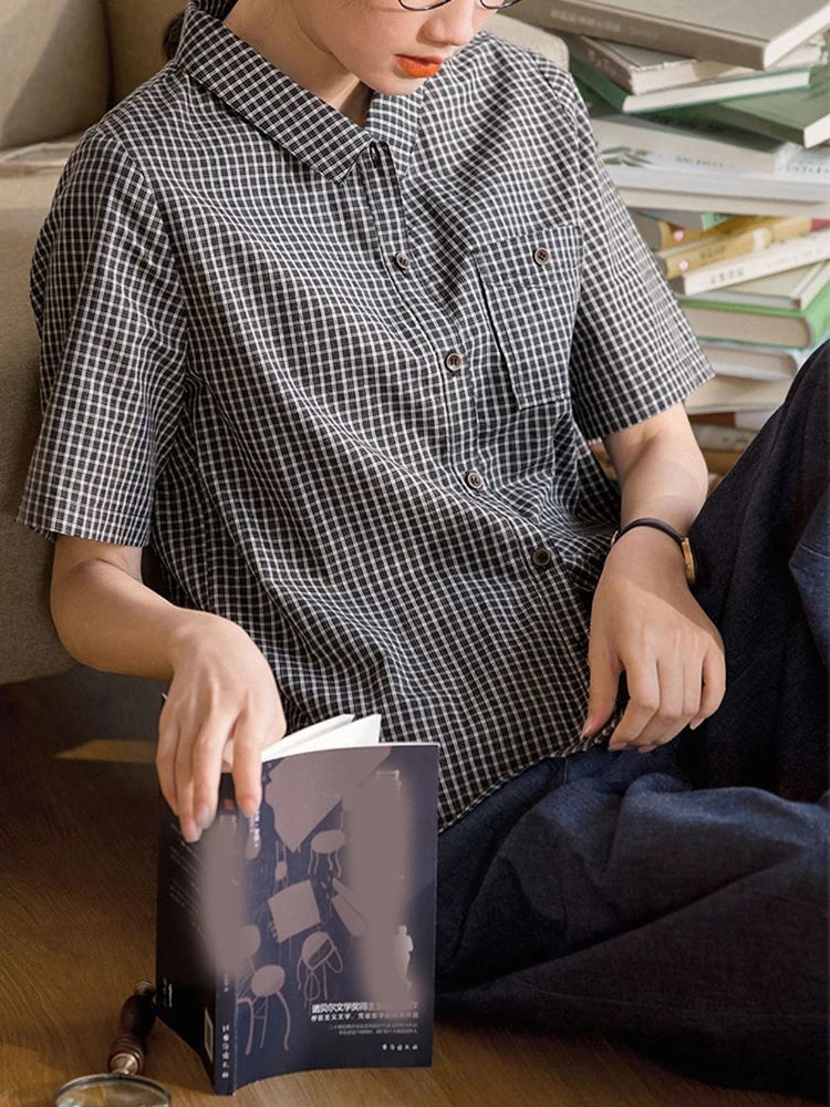 Japan Plaid Shirt Women Vintage Causal Short Sleeve Simple Blouse Preppy Style Retro Loose Female Summer Cute All Match Top voguable