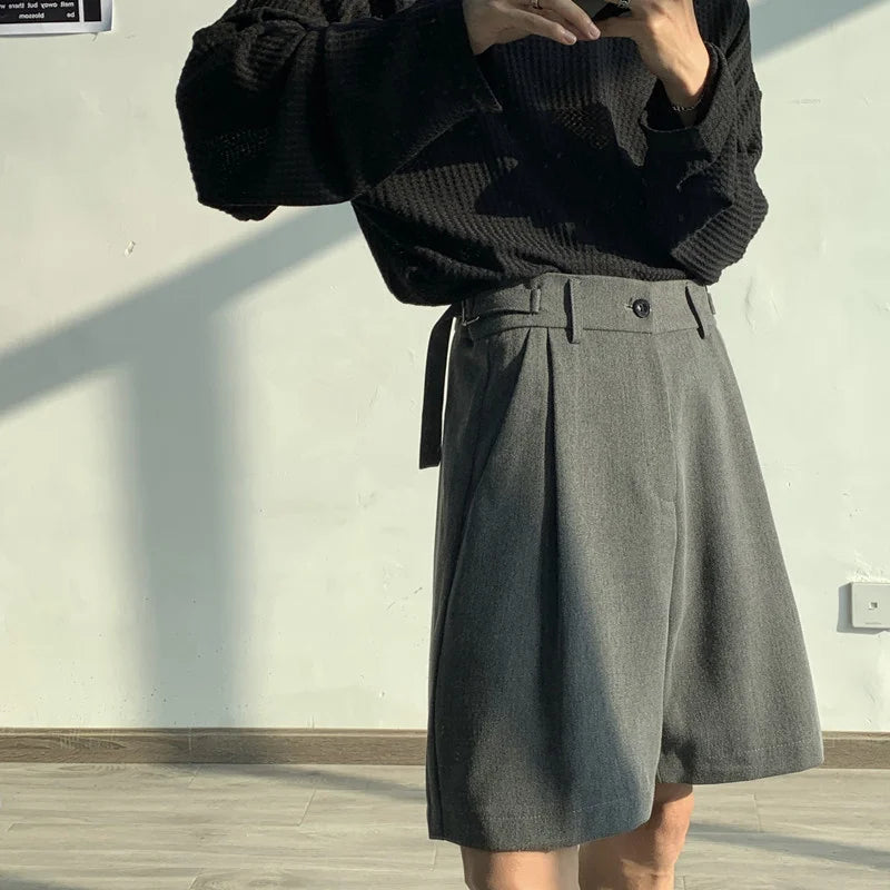 Summer Grey/Black Suit Shorts Men Fashion Society Mens Dress Shorts Korean Style Loose Straight Shorts Mens Casual Shorts M-XL voguable