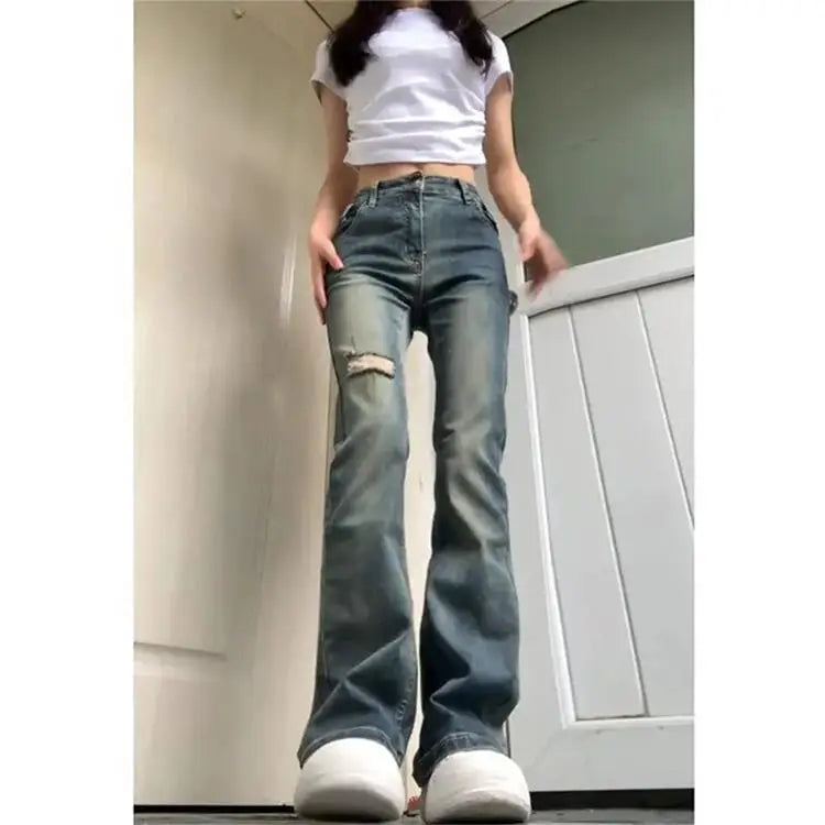 American vintage Micro-Pull Ripped Jeans Women Summer 2023 New Small Gyaru High Waist Slimming Straight Pants voguable