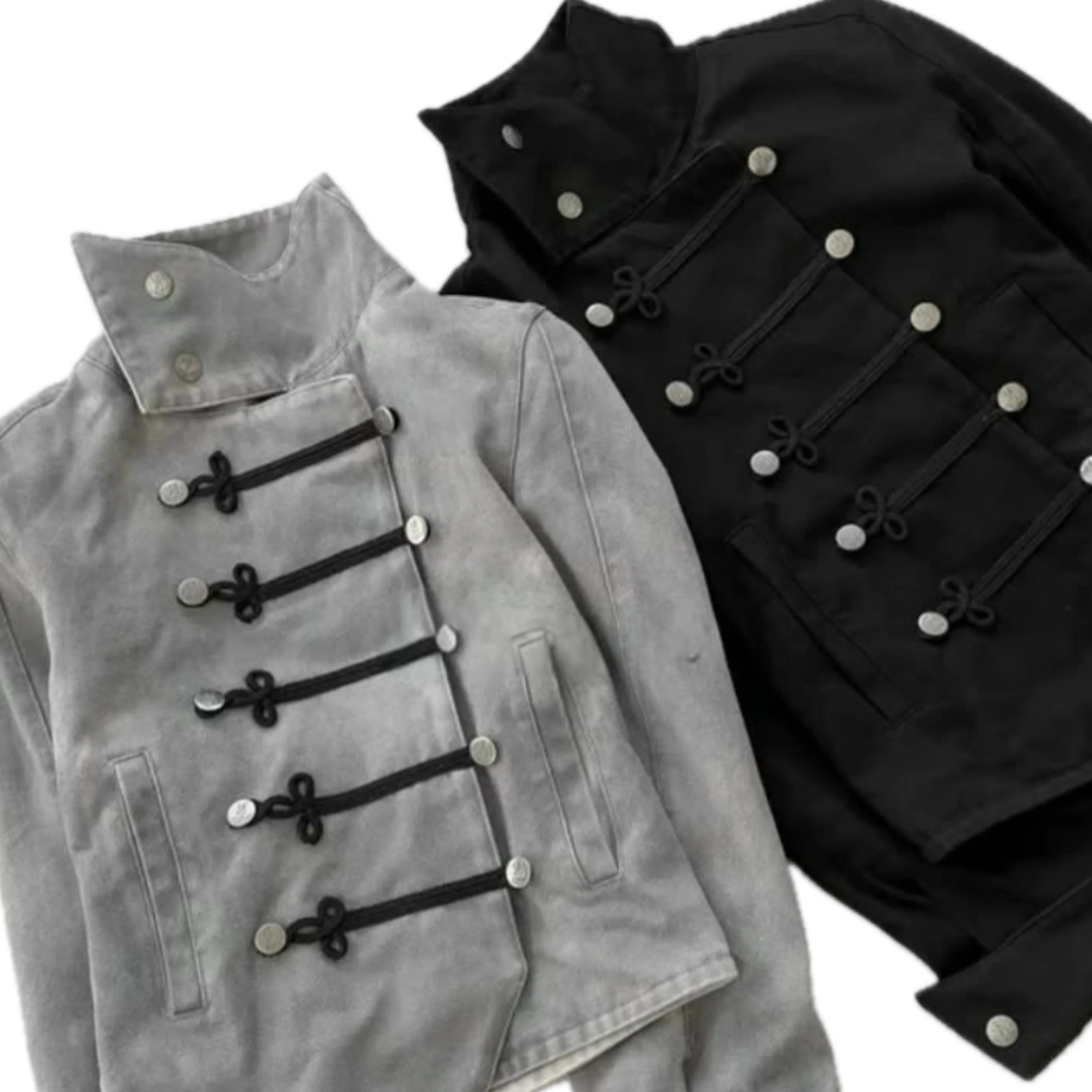 Voguable  Women's Gothic Jacket Retro Washed Canvas Stand Collar Frog Button Y2K Punk Street Coat voguable