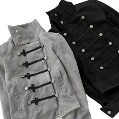 Voguable  Women's Gothic Jacket Retro Washed Canvas Stand Collar Frog Button Y2K Punk Street Coat voguable