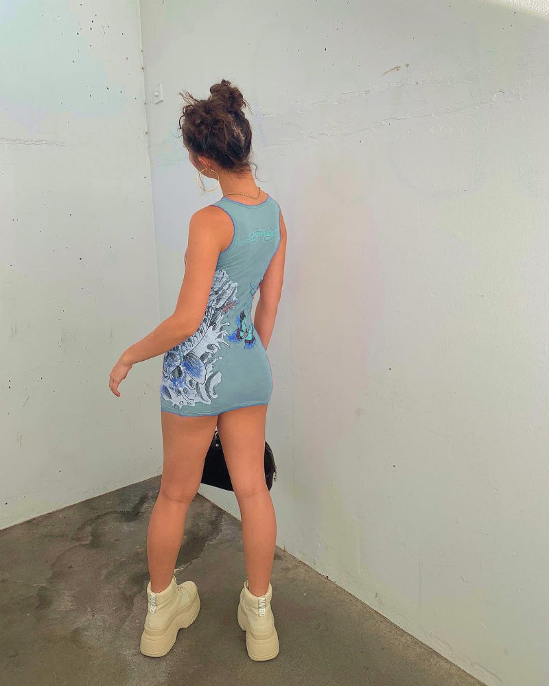 Voguable Bold Shade Street Style Women Summer Dress Indie Casual Fashion Graphic Printing  Mini Dresses Sleeveless Bodycon Clothes voguable