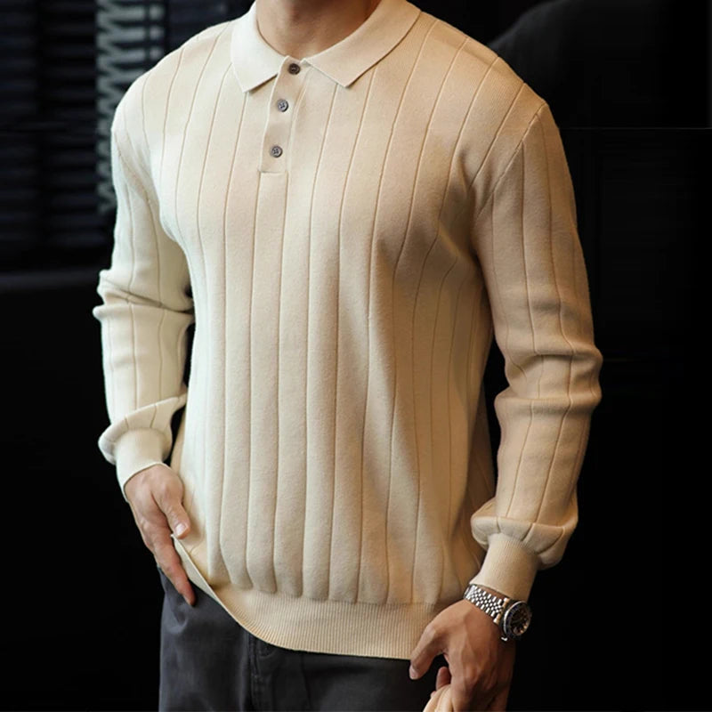 New Japanese Business Men Polo Sweater Light Luxury Knit Slim-fit Long Sleeve Pullover Premium Solid Color Basic Knitwear M-3XL voguable