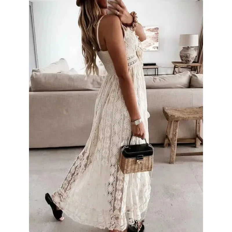 Voguable  Fashion Vacation Beach Solid Color V-neck Lace Irregular Long Lace Camisole Dresses Summer Casual Hollow Backless Women's Dress voguable