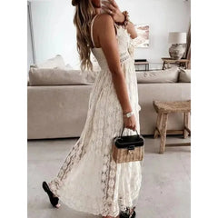 Voguable  Fashion Vacation Beach Solid Color V-neck Lace Irregular Long Lace Camisole Dresses Summer Casual Hollow Backless Women's Dress voguable
