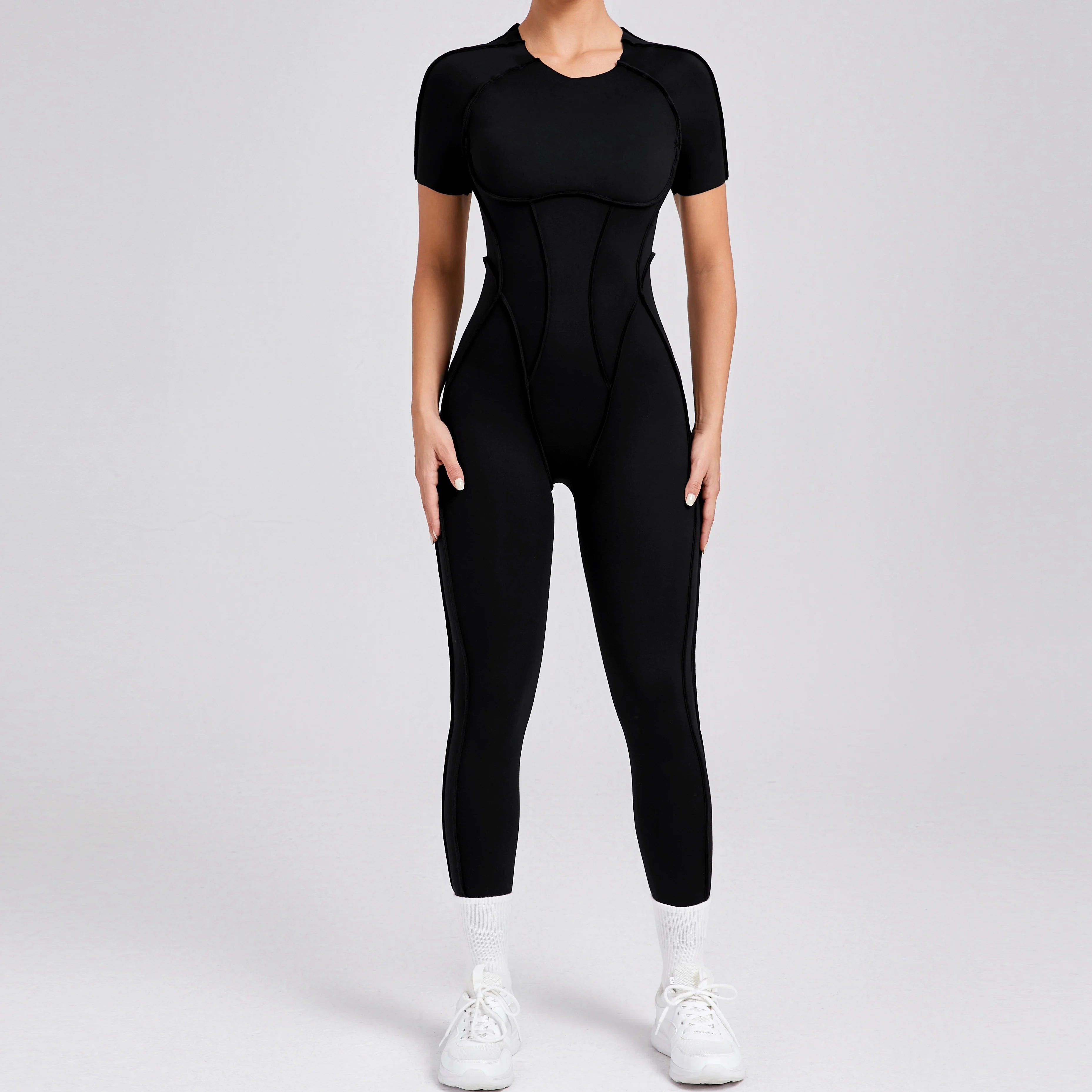 Voguable  Women's One-Piece Suit Zipper Short Sleeve Gym Push Up Workout Clothes Fitness Short Bodysuit Sportswear Jumpsuits voguable