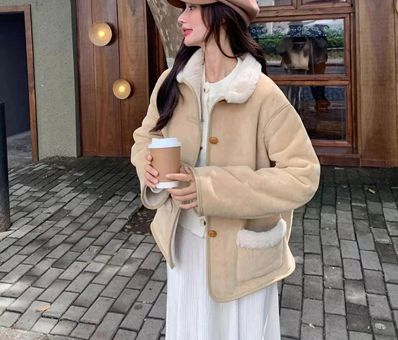 Women Faux Lamb Suede Jacket Winter Warm Long Sleeve Sweet Cotton Coat Korean Pockets Female Thick Vintage Outwear Tops voguable