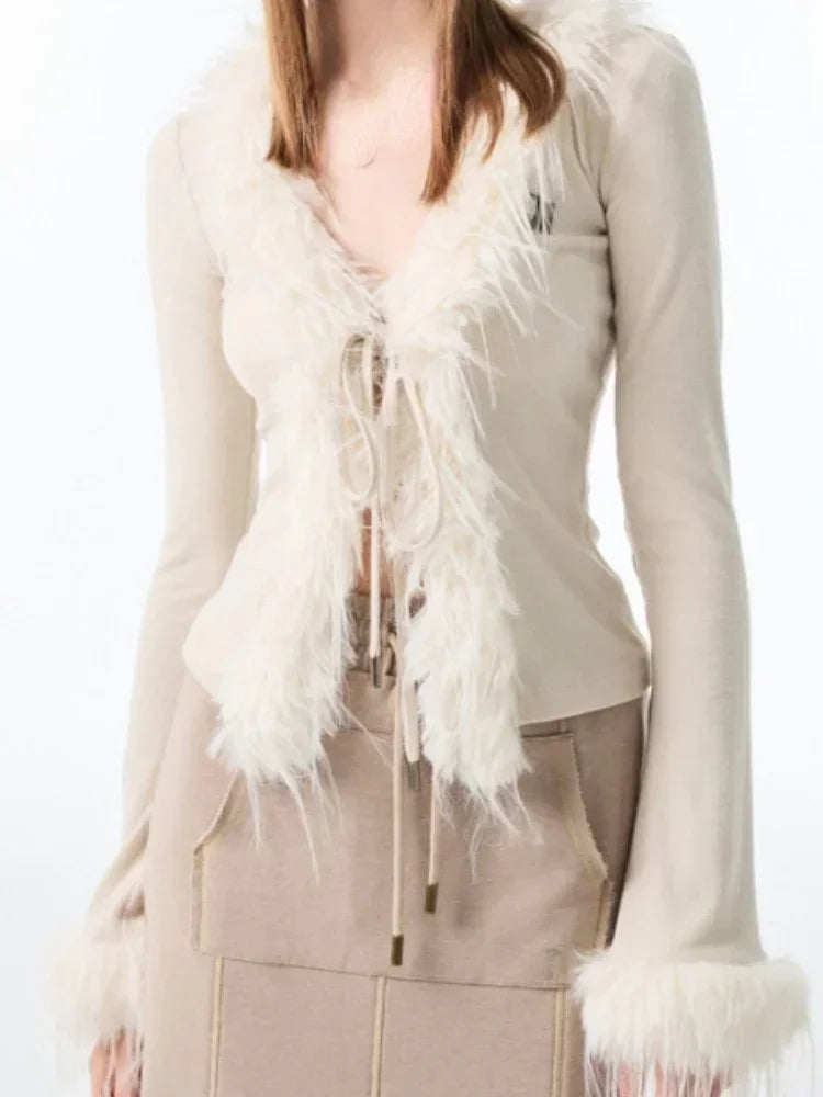 Y2k Aesthetic V-neck Jacket Women Korean Sexy Fashion Cardigan  Harajuku Vintage Bandage Fur Patchwork Coat 2024 Spring Chic voguable
