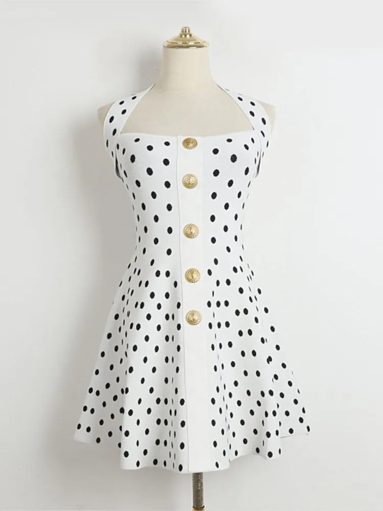 Chic Halter Neck Sweet Short Dress Polka Dot Metal Button Fashion New Dress Summer Dress Sleeveless A-line Elegant Lady Vestidos voguable