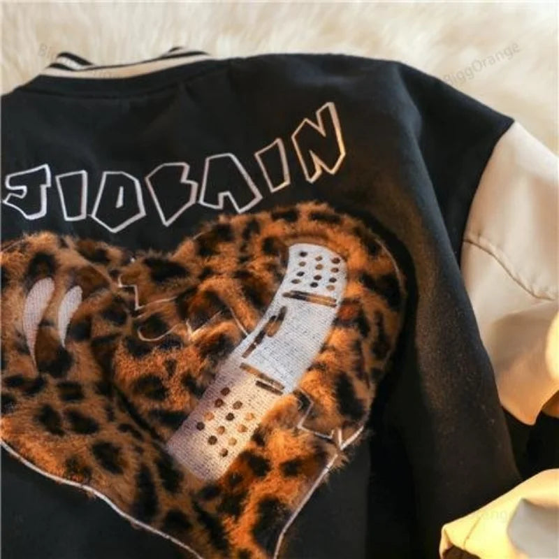 Love Embroidered Jacket Women Clothing Street Vintage Leopard Print Flocking Coat Women Jacket Loose Jackets for Women Clothes