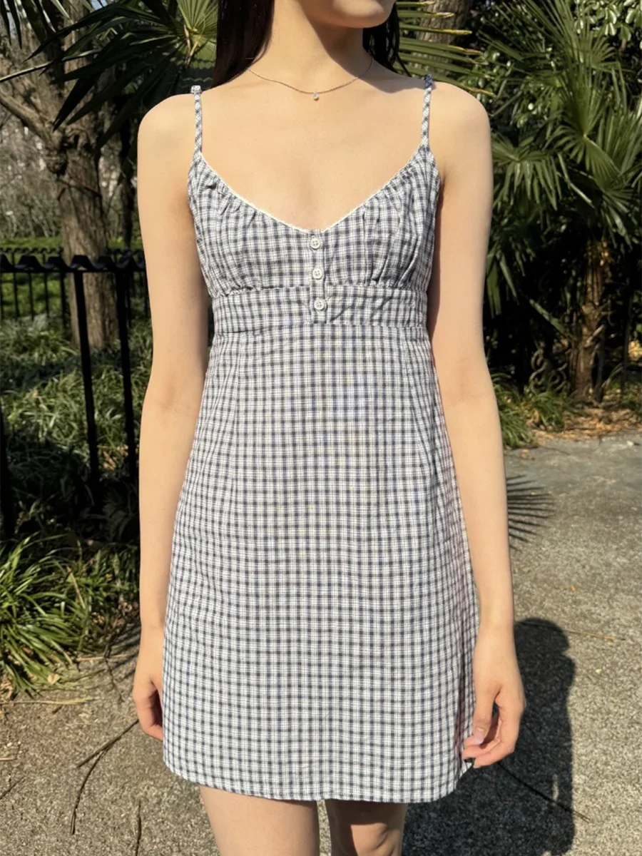 Voguable  Red Plaid V-neck Mini Summer Casual Dress Women Buttons Lace Trim A-line Sweet Short Vestidos Preppy Style Y2K Dresses voguable