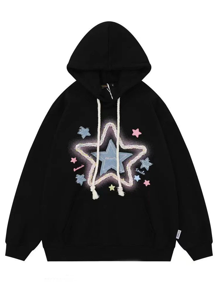 Vintage Star Print Hoodies Women Streetwear Loose Long Sleeve Sweatshirts American Retro Bf Casual Harajuku Pullover Tops voguable