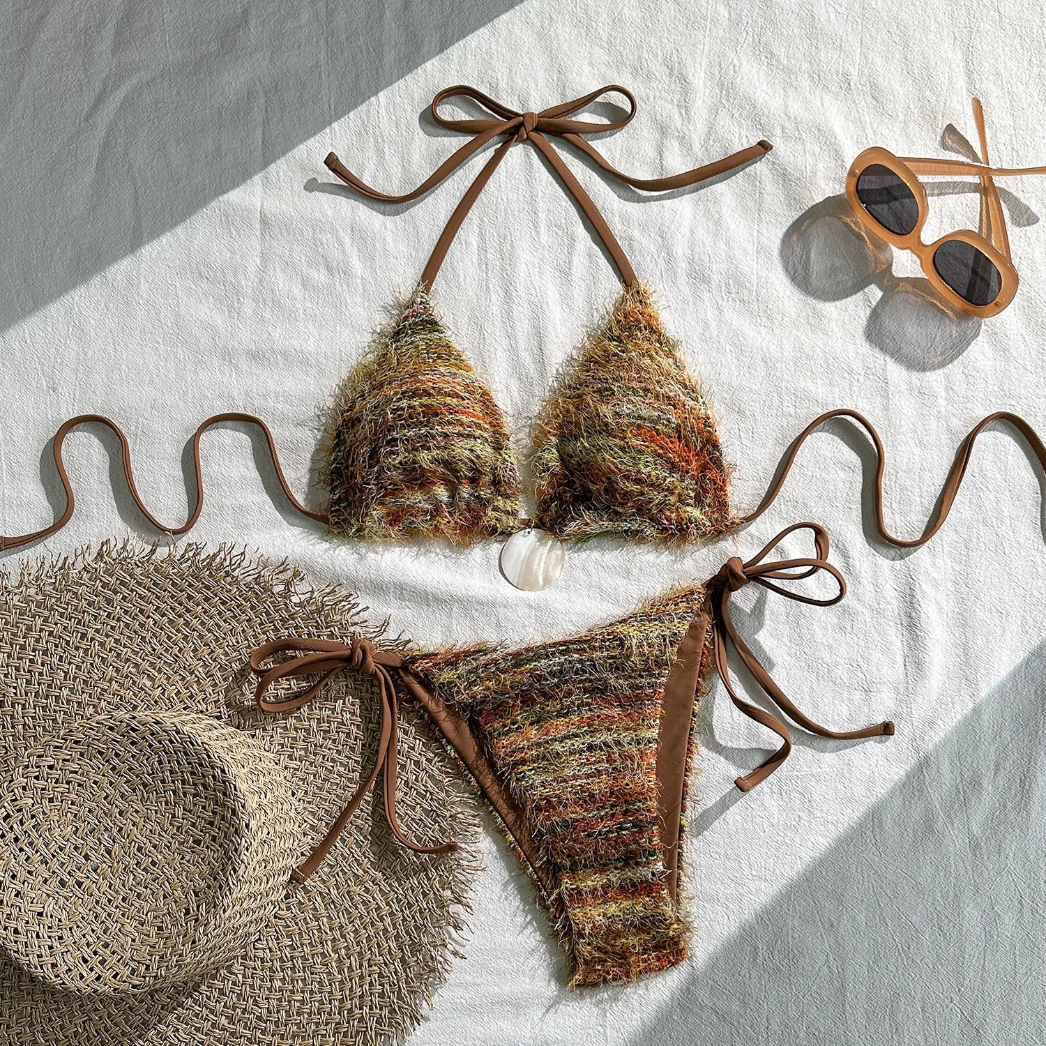 Voguable  Women Boho Fringe Bikini Set Halter Triangle Top with Shell Pendant Tie Side Bottom 2 Piece Swimsuit Sexy Beach Bathing Suit voguable