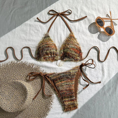 Voguable  Women Boho Fringe Bikini Set Halter Triangle Top with Shell Pendant Tie Side Bottom 2 Piece Swimsuit Sexy Beach Bathing Suit voguable