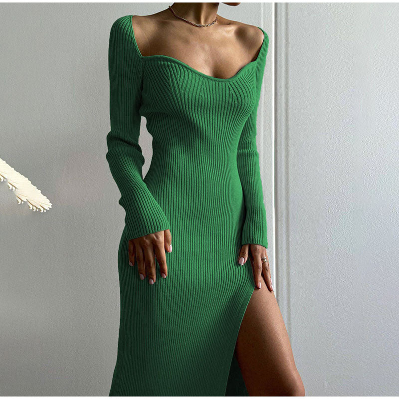 Bodycon Knitted Women Sweater Dress Long Sleeve Sexy Off Shoulder Split Elegant Party Dresses Fashion Autumn Winter voguable