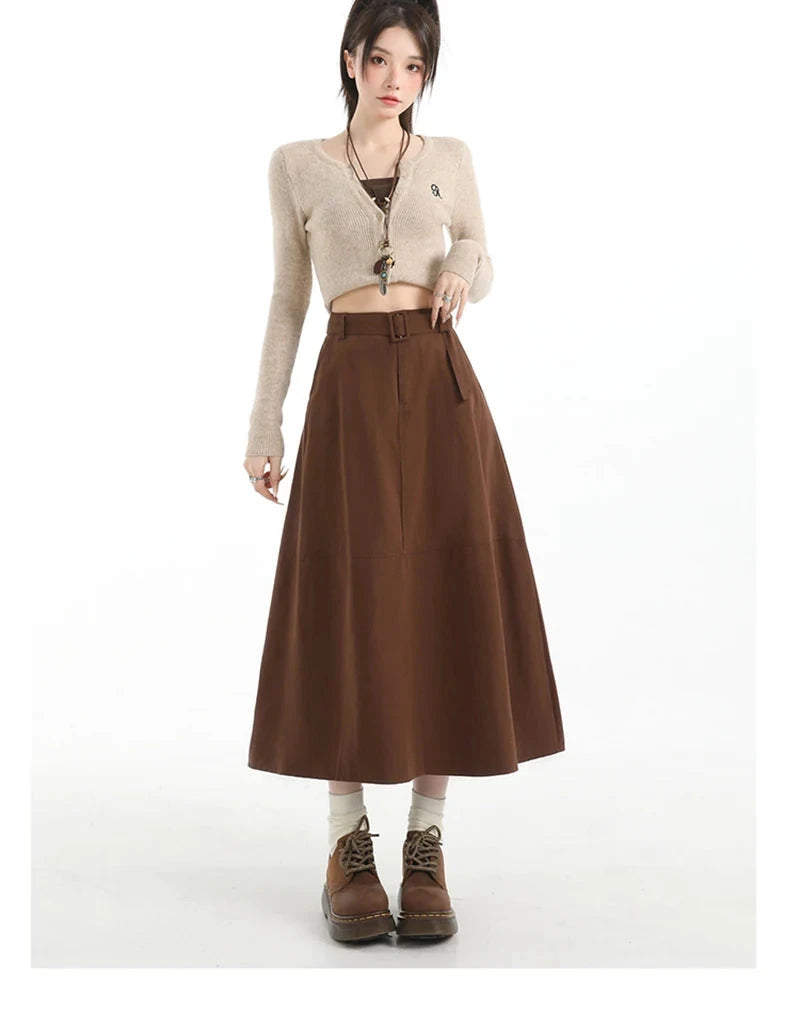 Retro Belt Long Skirt Women Casual Sweet High Waist A Line Skirts Preppy Style Fall Winter Lady Korean Vintage Long Skirts voguable
