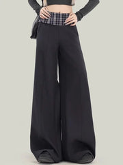 Plaid Patchwork Suit Pant Women Vintage Casual Korean High Waist Trouser Autumn Retro Loose Elegant Black Wide Leg Pant New voguable