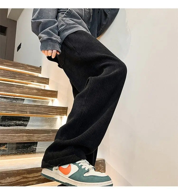 Autumn Corduroy Straight Trousers Men Loose Solid Casual Drape Trousers Harajuku Fashion Drawstring Street Wide Leg Sweatpant voguable