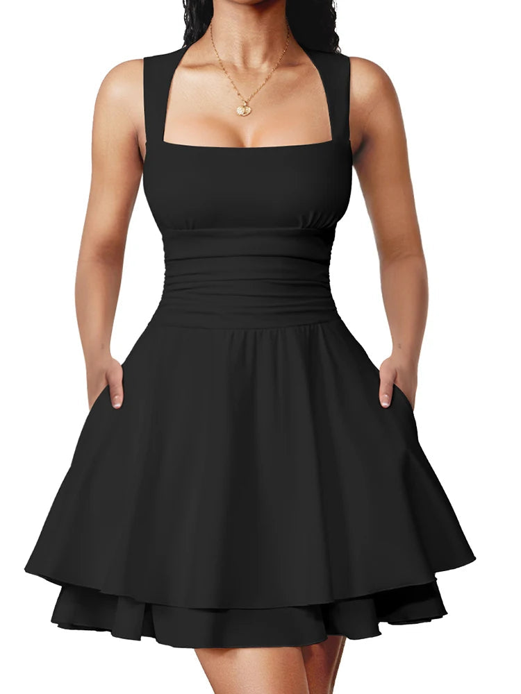 Voguable  Summer Elegant Women Sexy Sleeveless Dress High Waist Slim Short Skirt Square Neck Solid Color A-Line Dress Party Tank Dress voguable