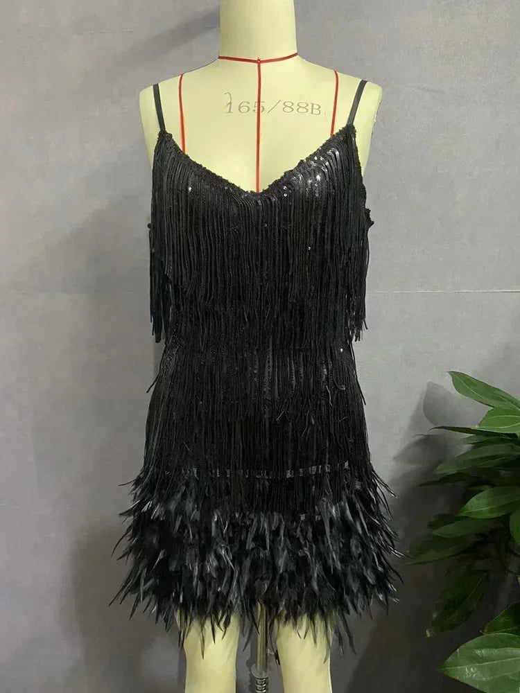 Taruxy Tassel Sequins Dress Women Elegant Feather Spaghetti Straps Mini Dresses Summer Sexy Party Club Evening Dresses Vestidos voguable