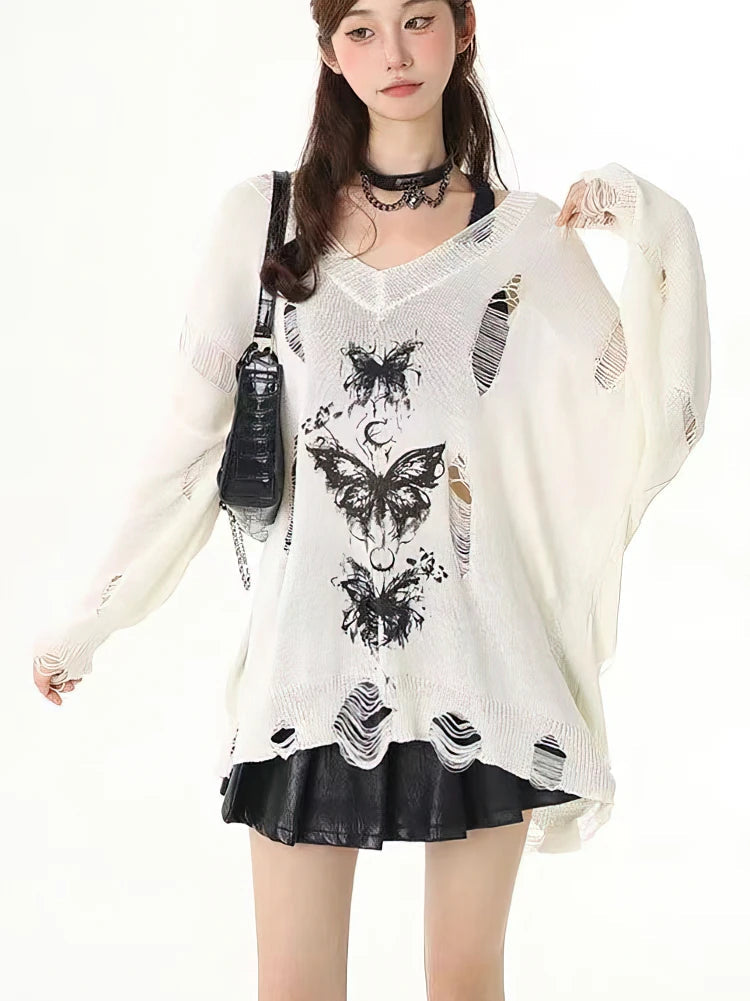 Y2k Hollow out Knit Oversize T shirt Women Long sleeve Off shoulder Top Sexy Basic Transparent Tees Baggy Vintage Ladies New voguable