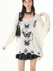 Y2k Hollow out Knit Oversize T shirt Women Long sleeve Off shoulder Top Sexy Basic Transparent Tees Baggy Vintage Ladies New voguable