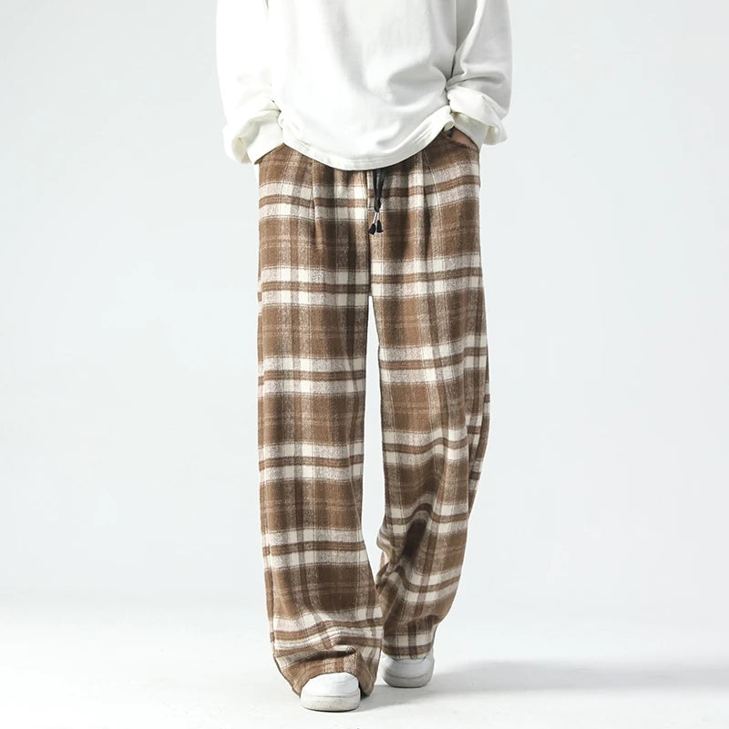Vintage Color Plaid Pants Men's Loose Wide Leg Pants Autumn New Lazy Wind Straight-leg Leisure Trousers Male Jogger Sweatpant voguable