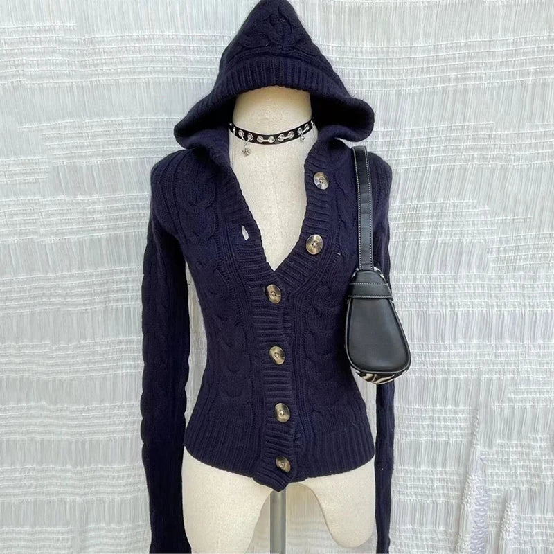 American Navy Blue Knitted Hooded Cardigan Y2K Fashion Slim Casual Buttons Sweater Jacket Female Long Sleeve All-Match Sweaters voguable