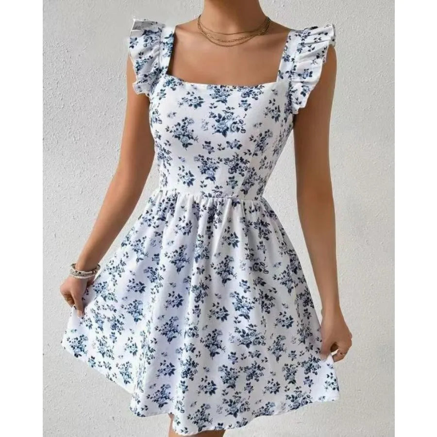 Voguable  Summer leopard print lace backless ruffle hem dress voguable