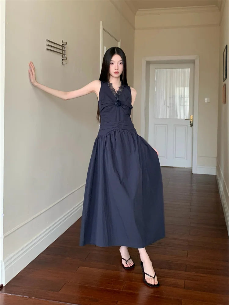 Lace Pathwork Sleeveless Long Modest Dress Summer 2025 Party Evening Dress 2025 V Neck Tunics A Line Midi Dress Clothes voguable