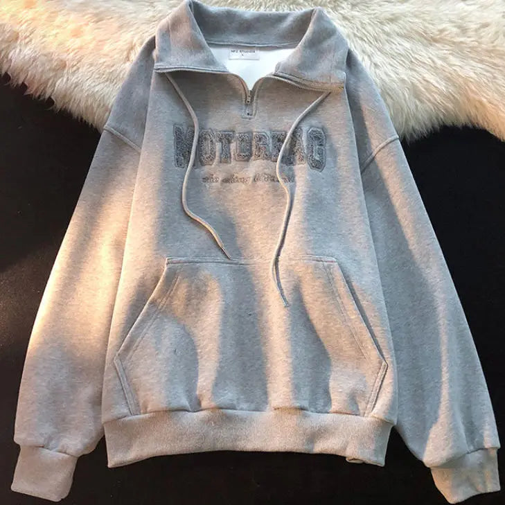 Voguable Green Vintage Zipper Draw String American Hiphop Sweatshirt Women Long Sleeve Pullover New Spring Loose Ins Thin High Street Top voguable